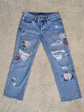 Kendall + Kylie Distressed Boyfriend Jeans, Floral, Blue, Size 24